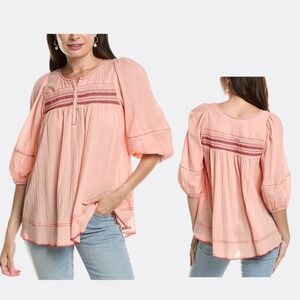 Free People Peach Pink Embroidered Peasant Tunic